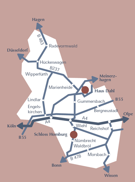 Die Grafik zeigt die Umrisse des Oberbergischen Kreises mit den eingezeichneten Verkehrsverbindungen zum Museum Schloss Homburg in Nümbrecht und der Nebenstelle Haus Dahl in Marienheide.