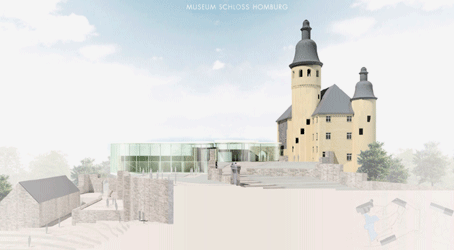 Die Abbildung zeigt ein Modell mit dem Schloss auf der rechten Seite, dem gläsernen Erweiterungsbau links daneben und den vorhandenen Gebäuden auf der darunter liegenden Ebene Die Abbildung zeigt ein Modell mit dem Schloss auf der rechten Seite, dem gläsernen Erweiterungsbau links daneben und den vorhandenen Gebäuden auf der darunter liegenden Ebene