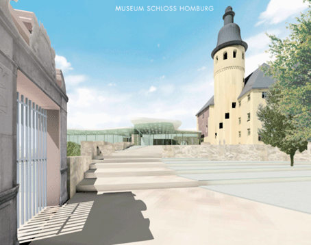 Die Abbildung zeigt auf der rechten Seite Schloss Homburg mit dem Blick auf den Erweiterungsbau auf der linken Schlossseite. Im Vordergrund links ist das Tor zum Schlossgarten zu sehen. Die Abbildung zeigt auf der rechten Seite Schloss Homburg mit dem Blick auf den Erweiterungsbau auf der linken Schlossseite. Im Vordergrund links ist das Tor zum Schlossgarten zu sehen.
