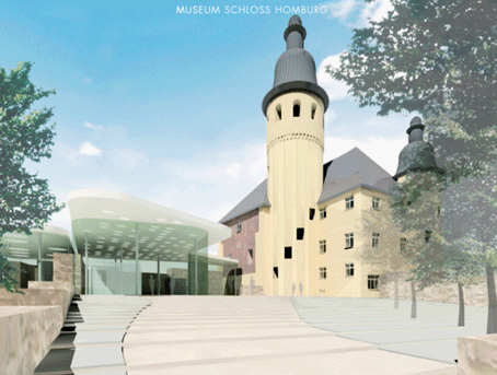 Die Abbildung zeigt das Schloss auf der rechten Seite und den links daneben liegenden Zugang zum Erweiterungsbau Die Abbildung zeigt das Schloss auf der rechten Seite und den links daneben liegenden Zugang zum Erweiterungsbau