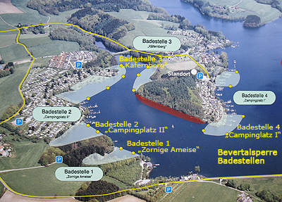 Luftbild der Bevertalsperre mit den gekennzeichneten Badestellen, deren Wasserqualität laufend geprüft werden Luftbild der Bevertalsperre mit den gekennzeichneten Badestellen, deren Wasserqualität laufend geprüft werden