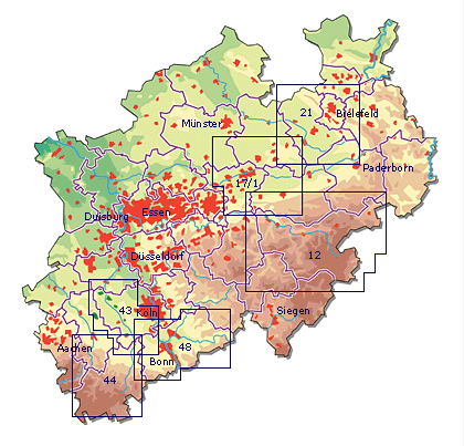 Karte des Landes Nordrhein-Westfalen mit Übersicht der Radwanderkarten