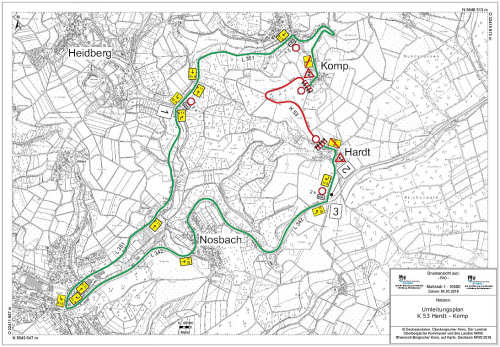 Lageplan der K 53 zwischen den Ortschaften Hardt und Komp mit Umleitungsstrecken (Foto: OBK)