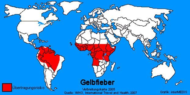 Ansicht einer Gelbfieber-Verbreitungskarte 2005 (Quelle: WHO, International Travel and Health 2007) Ansicht einer Gelbfieber-Verbreitungskarte 2005 (Quelle: WHO, International Travel and Health 2007)
