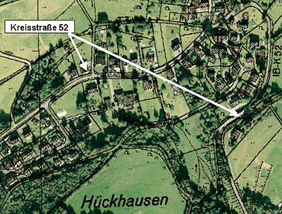 Lageplan Hückhausen mit der Kreisstraße 52 aus RIO - Rauminformation Oberberg