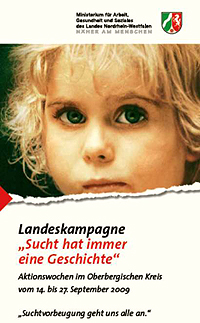 Titelseite der Broschüre zur Landeskampagne "Sucht hat immer eine Geschivhte" im Oberbergischen Kreis
