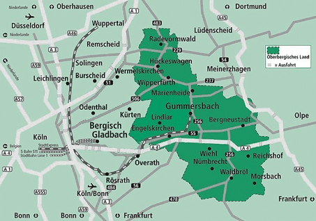Die Grafik zeigt einen Übersichtsplan des Oberbergischen Kreises mit seiner Verkehrsanbindung an Autobahnen und Hauptverkehrsstraßen Die Grafik zeigt einen Übersichtsplan des Oberbergischen Kreises mit seiner Verkehrsanbindung an Autobahnen und Hauptverkehrsstraßen