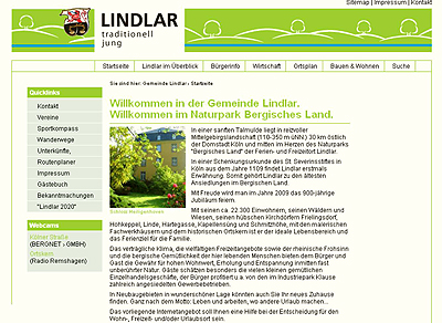 Homepage der Gemeinde Lindlar mit Link zur Homepage Homepage der Gemeinde Lindlar mit Link zur Homepage