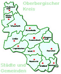 Die Grafik zeigt den Oberbergischen Kreis mit den Grenzen der 13 kreisangeh&ouml;rigen St&auml;dte und Gemeinden