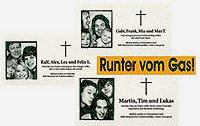Montage aus drei fiktiven Todesanzeigen der Aktion "Runter vom Gas! und Mottotext