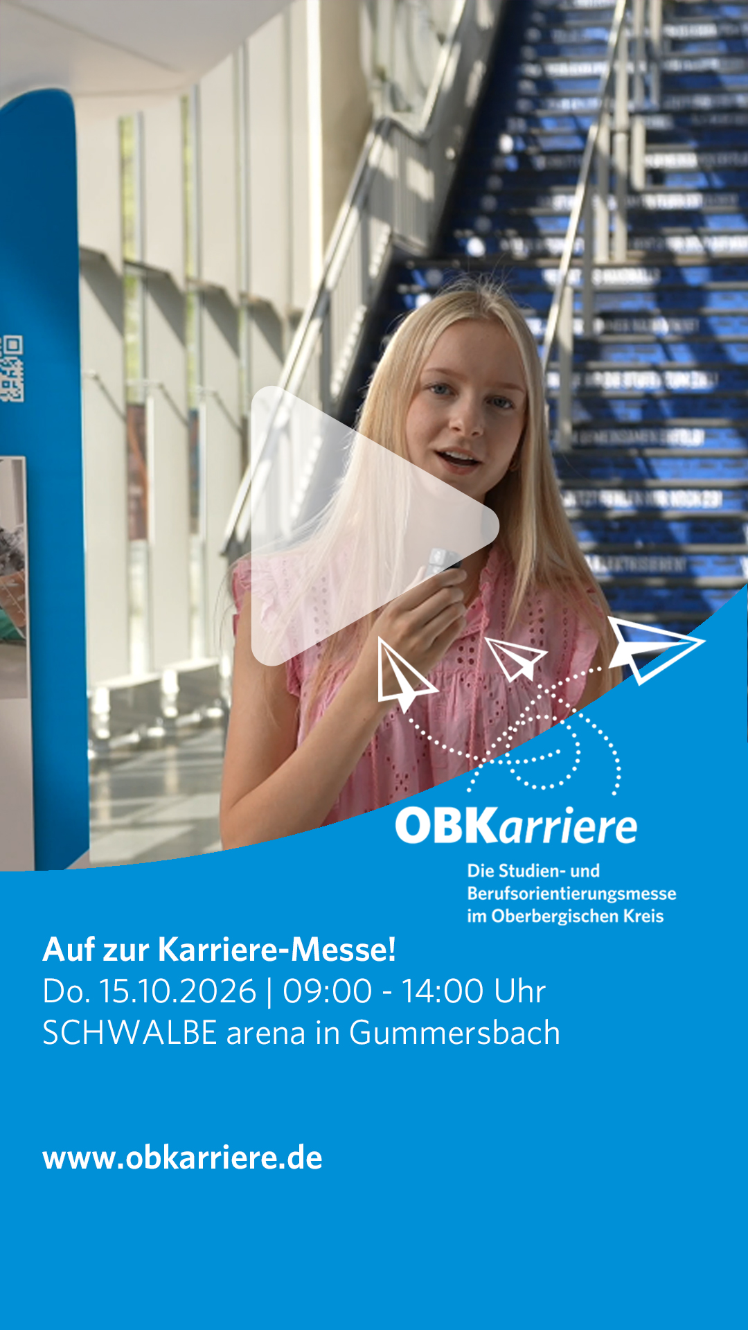 😕 Noch keine Ahnung, wie es nach dem Schulabschluss weitergeht?

✅ Schaut bei unserer OBKarriere vorbei!

Ausbildung, Studium oder Duales Studium: Auf der Messe bekommt Ihr Orientierung und Einblick in die vielfältigen Möglichkeiten.

💪 Über 80 Unternehmen und Hochschulen stellen ihre Ausbildungsberufe und Studiengänge vor.

📅 Donnerstag, 15. Oktober 2026
⏰ 09:00 Uhr - 14:00 Uhr
📍 SCHWALBE arena, Heiner-Brand-Platz 1, 51643 Gummersbach

👉 www.obkarriere.de