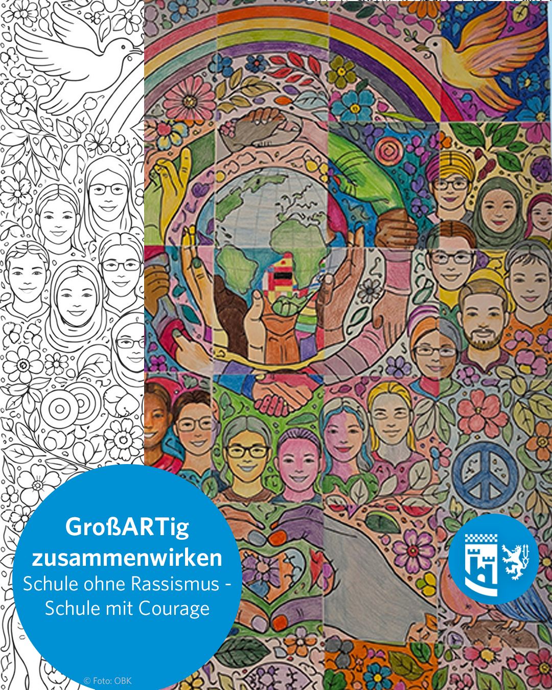 GroßARTig zusammenwirken! 🎨 

Acht oberbergische Schulen des Netzwerks "Schule ohne Rassismus - Schule mit Courage" haben es vorgemacht. 

Die Schülerinnen und Schüler gestalteten individuelle Karten-Malvorlagen mit Buntstiften. Zusammengesetzt ergeben die insgesamt 250 Einzelteilen eine rund 2x3 Meter große Collage, und damit ein starkes Zeichen für Vielfalt, Respekt und Zusammenhalt. 🤝 

Ziel der gemeinschaftlichen Aktion: 
Unterschiedlichkeit nicht als Trennung, zu verstehen. Gemeinsam setzen die Jugendliche ein Zeichen für ein friedliches und solidarisches Miteinander und machen auf die Bedeutung von Antirassismus, Gleichberechtigung und demokratischer Schulkultur aufmerksam. 

Passend zur Interkulturellen Woche ist die Collage jetzt im Foyer des Kreishauses zu sehen. Dort kann das großformatige Kunstwerk während der regulären Öffnungszeiten besichtigt werden. 

Ein großes Dankeschön an Alle Schülerinnen und Schüler, Schulen und Beteiligten, die dieses GroßARTige Gemeinschaftsprojekt möglich gemacht haben! ❤️ 

#oberbergischerkreis #oberberg #meinschönsterlandkreis #obk #oberbergisch #oberbergischesland #kreisverwaltung #bergischesland
