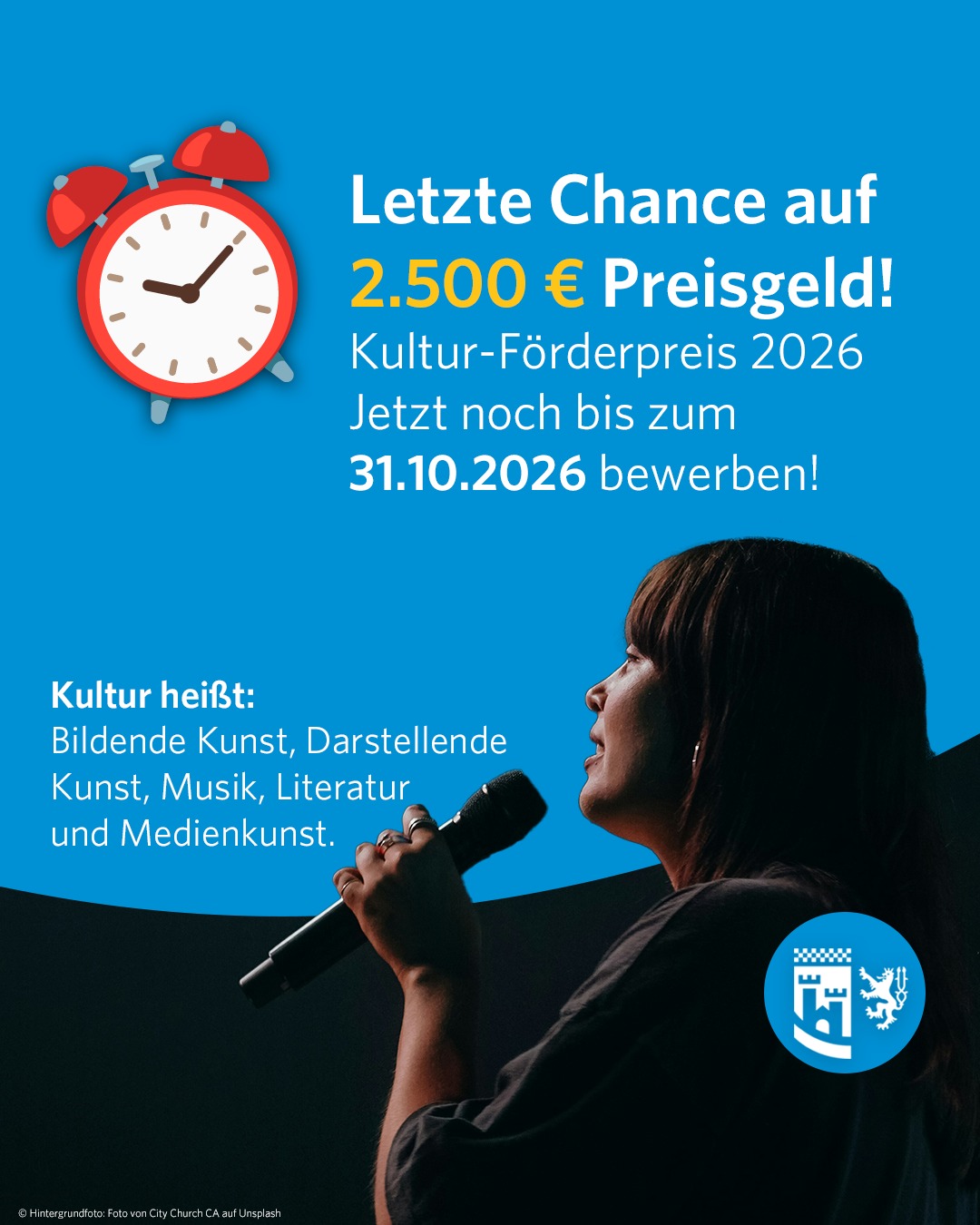 Nicht vergessen! Bewerbt Euch jetzt mit Eurer Kunst für den Kultur-Förderpreis 2026 oder schlagt andere vor!

🏆 Der Förderpreis ist mit 2.500 Euro dotiert.*

Mit dem Kultur-Förderpreis ehrt der Oberbergische Kreis Menschen mit außergewöhnlichen, künstlerischen Begabungen, die aus der Region kommen und/oder hier wirken.

Gesucht werden Beiträge aus diesen Sparten:

🎨 Bildende Kunst
🎭 Darstellende Kunst
🎶 Musik
✍️ Literatur
📸 Medienkunst

📅 Bewerbungen sind bis zum 31. Oktober 2026 (12:00 Uhr) möglich.

Ob bereits bekannt in der Kulturszene oder am Beginn der künstlerischen Laufbahn – der Kultur-Förderpreis bietet die Chance, Talent und kreative Arbeit einer breiten Öffentlichkeit vorzustellen.

*Es kann mehrere Gewinner geben, wodurch sich das Preisgeld aufteilen kann.

👉 www.obk.de/kulturfoerderpreis