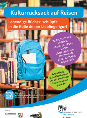 Mit diesem Plakat wirbt der Oberbergische Kreis für einen theaterpädagogischen Workshop in Bibliotheken im Rahmen des Kulturrucksack-Projekts. (Foto/Grafik: OBK/ Joachim Gies)