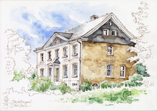 Altes Rathaus Denklingen (Reichshof)- Urban Sketching von Hans Christian Sanladerer (Foto/ Grafik: Hans Christian Sanladerer/ Museum und Forum Schloss Homburg). Altes Rathaus Denklingen (Reichshof)- Urban Sketching von Hans Christian Sanladerer (Foto/ Grafik: Hans Christian Sanladerer/ Museum und Forum Schloss Homburg).