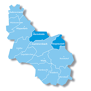 Kreiskarte mit den gekennzeichneten Kommunen des Regionalteams Mitte
