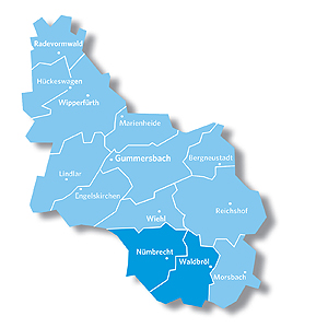 Kreiskarte mit den gekennzeichneten Kommunen des Regionalteams Süd