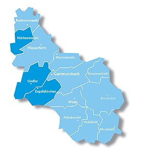 Kreiskarte mit den gekennzeichneten Kommunen des Regionalteams West