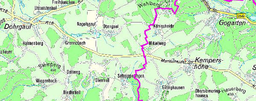 Kartenausschnitt der K 18 zwischen Kempershöhe und Nagelsgaul (Bildnachweis: RIO Oberbergischer Kreis) Kartenausschnitt der K 18 zwischen Kempershöhe und Nagelsgaul (Bildnachweis: RIO Oberbergischer Kreis)