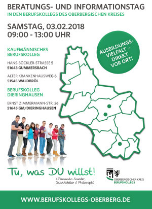 Plakat zum Infotag Kaufmännisches Berufskolleg Gummersbach und Waldbröl am 03.02.2018 (Grafik/Foto: OBK) Plakat zum Infotag Kaufmännisches Berufskolleg Gummersbach und Waldbröl am 03.02.2018 (Grafik/Foto: OBK)