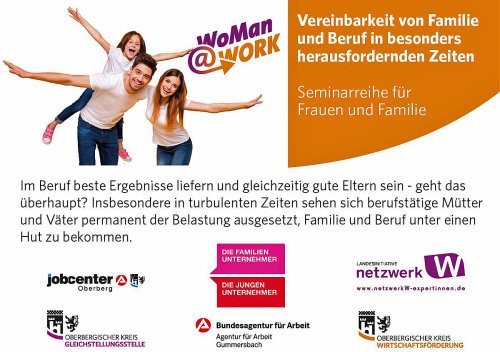 Mit einer Seminarreihe für Frauen und Familie stärkt das Netzwerk W mit seinen Partnerinnen und Partnern die Vereinbarkeit von Familie und Beruf in besonders herausfordernden Zeiten. (Logo WoMan@work/Grafik: OBK) Mit einer Seminarreihe für Frauen und Familie stärkt das Netzwerk W mit seinen Partnerinnen und Partnern die Vereinbarkeit von Familie und Beruf in besonders herausfordernden Zeiten. (Logo WoMan@work/Grafik: OBK)