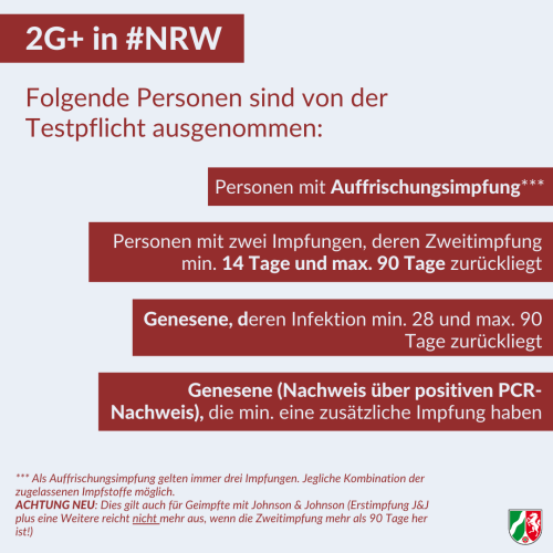 Das Land NRW konkretisiert mit Änderungen der Corona-Schutzverordnung, welche Ausnahmefälle bei 2G+ gelten.