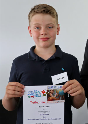 Mit 37 Punkten (von maximal 40 Punkten) war Jannes Köster von der GGS Hülsenbusch der erfolgreichste Rechner. (Foto: OBK) Mit 37 Punkten (von maximal 40 Punkten) war Jannes Köster von der GGS Hülsenbusch der erfolgreichste Rechner. (Foto: OBK)