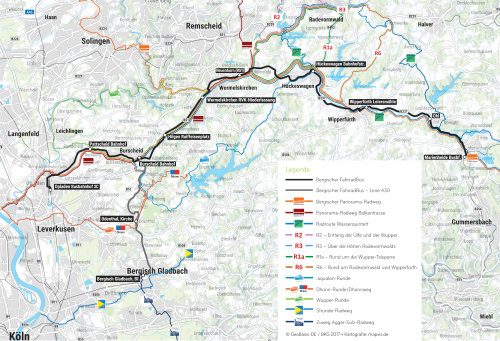 Übersicht der Linien des Bergischen Fahrradbusses (Foto/Grafik: Karte: GeoBasis-DE/BKG 2017; Kartografie: mapvis.de)