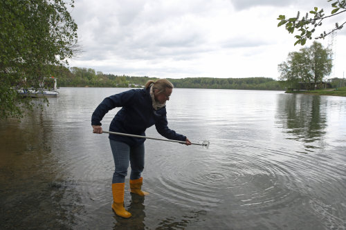 Angela Weber (Sachgebietsleiterin Trinkwasser und Umwelthygiene) bei der Probenentnahme an der Bevertalsperre. (Foto: OBK) Angela Weber (Sachgebietsleiterin Trinkwasser und Umwelthygiene) bei der Probenentnahme an der Bevertalsperre. (Foto: OBK)