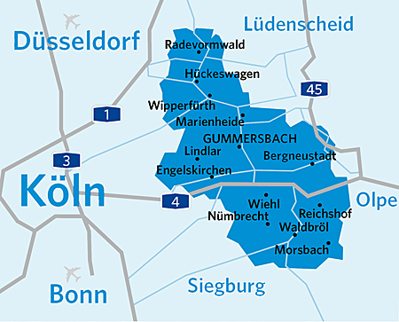 Diese Karte zeigt den Oberbergischen Kreis in der Region Köln/Bonn.