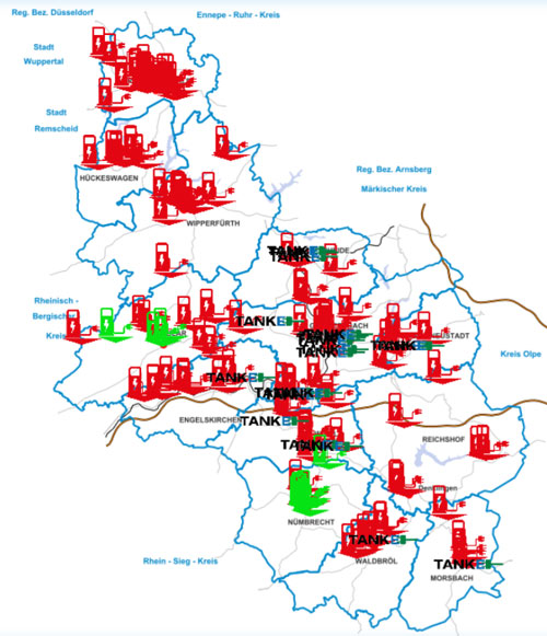 Karte Elektroladesäulen im Oberbergischen Kreis