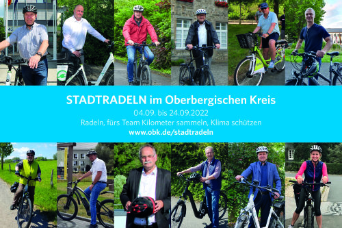 Landrat Jochen Hagt und die Bürgermeisterin und Bürgermeister der Kommunen werben für das STADTRADELN 2022 (Collage: OBK, Fotos: Kommunen, OBK)