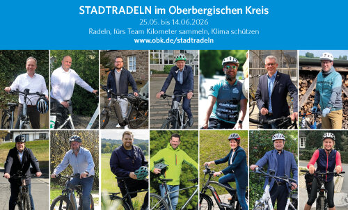 Der Oberbergische Kreis und die Kommunen werben für das STADTRADELN 2026. (Collage: OBK, Fotos: OBK, Kommunen)