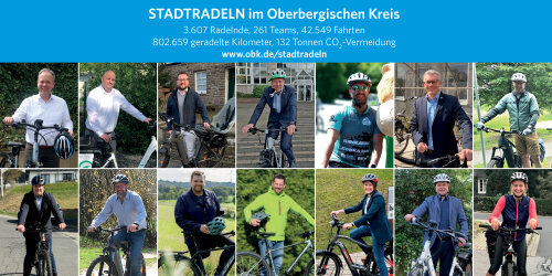 Der Oberbergische Kreis und die Kommunen, die gemeinsam am STADTRADELN 2026 teilgenommen haben, freuen sich über die guten Ergebnisse. (Grafik: OBK/ Fotos: OBK, Kommunen des OBK)