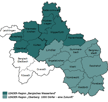 Karte des Rheinisch-Bergischen Kreises und des Oberbergischen Kreises mit den eingezeichneten LEADER-Regionen