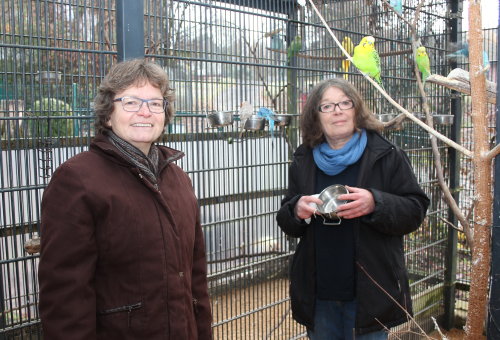 Sabine Thurn (l.) half bei der Versorgung der Vögel am Grotenbachteich in Gummersbach. (Foto: OBK)