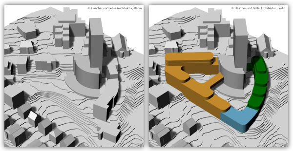 Links: Bestandssituation. Rechts: Gesamtmaßnahme. (Grafiken: © Hascher und Jehle Architektur, Berlin)
