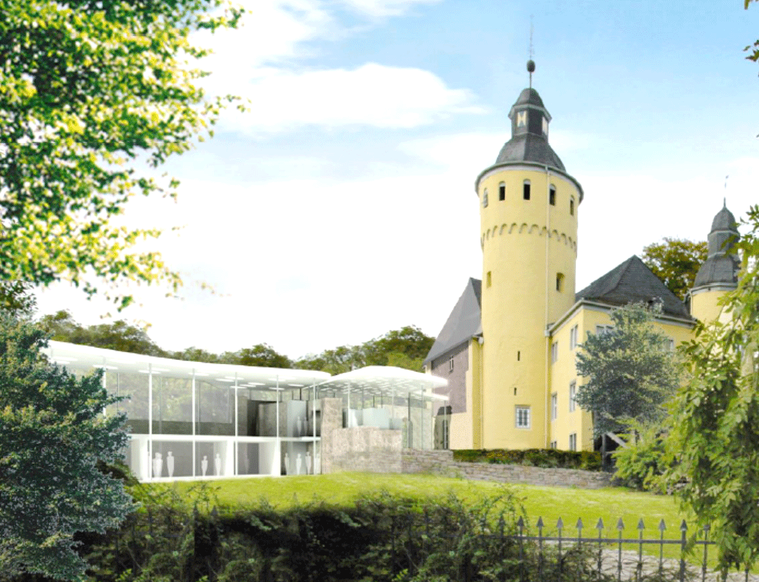 Neuer Ausstellungspavillon auf dem Areal der Orangerie (Fotomontage Höhe Mittelstraße - Hochzeitsperspektive)