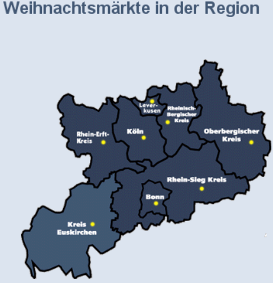 Die Grafik zeigt einen Ausschnitt aus dem Internetauftritt "mobil-im-rheinland" mit der Übersicht "Weihnachtsmärkte in der Region"