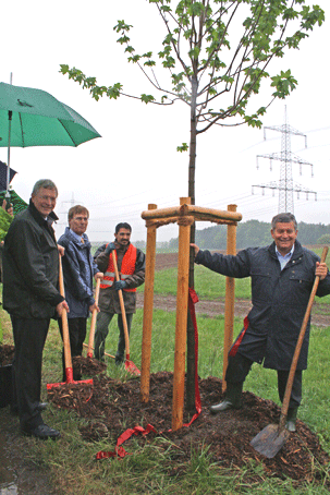 Mit einer Schaufel voll Rindenmulch vollendeten Umweltminister Eckhard Uhlenberg, Landtagsabgeordneter Peter Biesenbach und Landrat Hagen Jobi (v.l.) die Pflanzung von 135 Bergahornen entlang der K1 in Hückeswagen. (Foto: OBK)