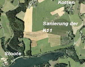 Luftbildaufnahme des Straßenverlaufs der K 11 zwischen Stoote und Kotten - erstellt von RIO-RaumInformationOberberg 