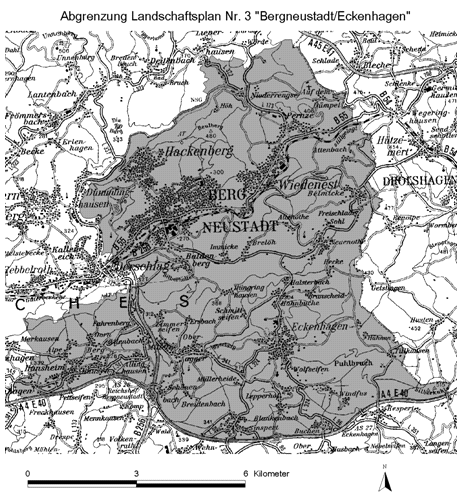 Abbildung des Übersichtsplans (© Landesvermessungsamt NRW Nr. 1317/2002) - Abgrenzung Landschaftsplan Nr. 3 "Bergneustadt/Eckenhagen"