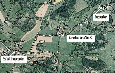 Kartenausschnitt aus RIO mit der Streckenführung der Kreisstraße 9 zwischen Wellingrade und Braake