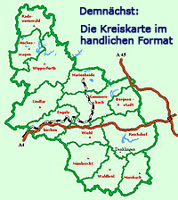 Kreiskarte mit den Gemeinde- und Stadtgrenzen und dem Hinweis "Demnächst: Die Kreiskarte im handlichen Format"