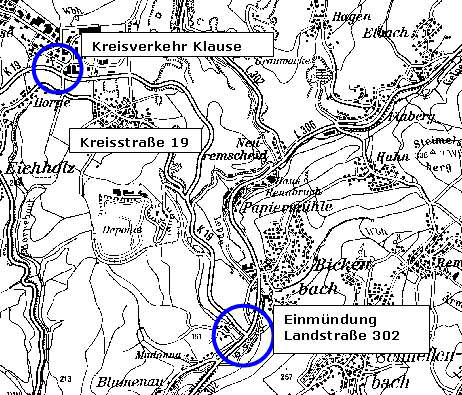 Lageplan der Kreisstraße 19 vom Kreisverkehr Klause bis zur Einmündung der K 19 auf die Landstraße 302 (Karte: RIO) 