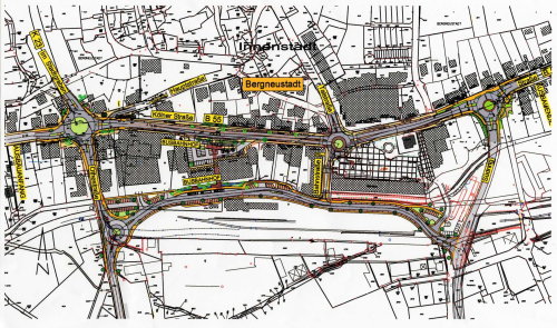 Übersichtsplan über die Umgestaltungen in der B 55 und der Bahnstraße. (Zeichnung: OBK)