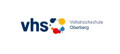 Logo der Volkshochschule Oberberg. Links steht 'vhs' in dunkelblauer Schrift, umgeben von bunten Kreisen. Rechts daneben der Schriftzug 'Volkshochschule Oberberg' in blauer Schrift.