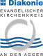 Logo der Diakonie mit blauem Schriftzug 'Diakonie', darunter 'Evangelischer Kirchenkreis an der Agger' mit stilisierten blauen Wellen und einem grauen Kreis.