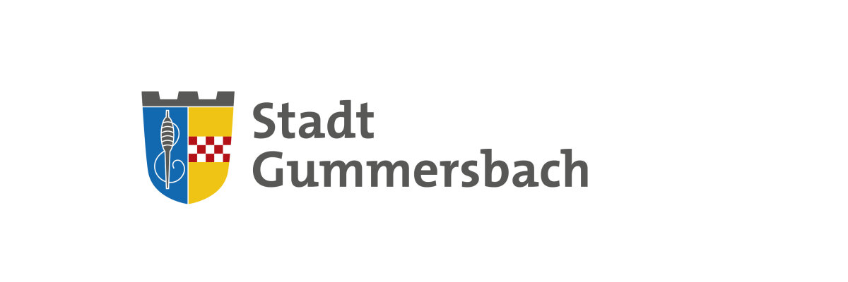 Logo der Stadt Gummersbach mit einem Wappen. Das Wappen zeigt eine blaue und eine gelbe Hälfte, getrennt durch ein rot-weiß kariertes Muster, oben eine graue Zinnenkrone.