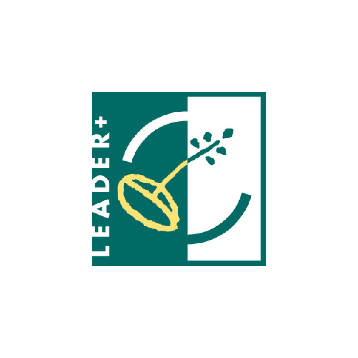 Logo mit grünem Hintergrund, gelbem stilisiertem Kreis und einem Pflanzenmotiv. Text 'LEADER+' in weißer Schrift auf der linken Seite.
